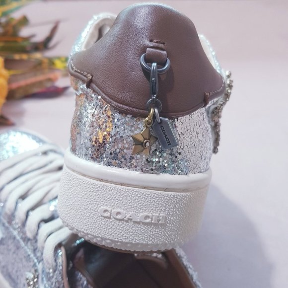 COACH STAR EMBELLISHED GLITTER & LEATHER SNEAKERS - Picture 12 of 14